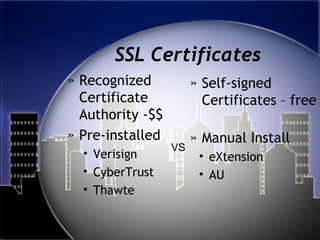 SSL Certificates
» Recognized
Certificate
Authority -$$
» Pre-installed
• Verisign
• CyberTrust
• Thawte
» Self-signed
Certificates – free
» Manual Install
• eXtension
• AU
VS
 