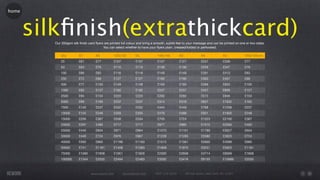home




       silkﬁnish(extrathickcard)
          Our 350gsm silk ﬁnish card ﬂyers are printed full colour and bring a smooth, subtle feel to your message and can be printed on one or two sides.
                                          You can select whether to have your ﬂyers plain, creased/folded or perforated.

              Qty         A7         A6           125x125        DL             148x148        A5              A4             A3            105x105mm
              25          £61        £77          £107           £107           £127           £127            £237           £336          £77
              50          £63        £79          £110           £110           £138           £138            £259           £347          £79
              100         £66        £83          £116           £116           £149           £149            £281           £413          £83
              250         £72        £88          £127           £127           £160           £160            £303           £457          £88
              500         £77        £105         £149           £149           £193           £193            £369           £655          £105
              1000        £83        £127         £182           £182           £237           £237            £457           £809          £127
              2500        £94        £154         £220           £220           £292           £292            £572           £946          £154
              5000        £99        £165         £237           £237           £314           £319            £637           £1032         £165
              7500        £143       £237         £332           £332           £444           £449            £768           £1206         £237
              10000       £154       £248         £359           £355           £476           £488            £921           £1605         £248
              15000       £226       £367         £538           £534           £705           £724            £1223          £2100         £367
              20000       £297       £483         £717           £717           £977           £965            £1515          £2595         £483
              25000       £440       £604         £871           £864           £1070          £1101           £1789          £3027         £604
              30000       £446       £724         £976           £967           £1228          £1265           £2080          £3625         £724
              40000       £593       £965         £1196          £1183          £1513          £1561           £2665          £4599         £965
              50000       £741       £1181        £1408          £1393          £1808          £1870           £3251          £5825         £1181
              75000       £1090      £1608        £1951          £1928          £2565          £2658           £4714          £8569         £1608
              100000      £1344      £2035        £2494          £2463          £3292          £3416           £6155          £10989        £2035



                                  www.rework.com         rework@mail.com      (987) 124-5678        98 East Street, New York, NY 12345
 