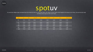 home




                                                                           spotuv
       Our extra thick 400gsm Matt Laminated Flyers are printed full colour on one or both sides, with a Spot UV (Ultra Violet) varnish applied to the areas of your choice. This stunning ﬂyer adds
                                                                             something extra to give you that 'wow' factor.



                                Qty          A7          A6           125x125         DL             148x148        A5              A4              105x105mm

                                25           £121        £176         £239            £239           £322           £322            £506            £176

                                50           £123        £178         £242            £242           £325           £325            £528            £178
                                100          £127        £182         £248            £248           £330           £330            £550            £182
                                250          £132        £187         £259            £259           £341           £341            £583            £187
                                500          £138        £198         £275            £275           £363           £363            £611            £198
                                1000         £143        £226         £303            £303           £391           £391            £638            £226




                                                     www.rework.com          rework@mail.com      (987) 124-5678       98 East Street, New York, NY 12345
 