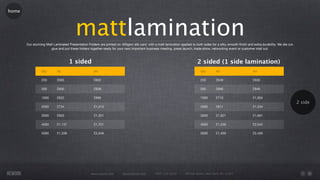 home




                                        mattlamination
       Our stunning Matt Laminated Presentation Folders are printed on 400gsm silk card, with a matt lamination applied to both sides for a silky smooth ﬁnish and extra durability. We die cut,
                       glue and put these folders together ready for your next important business meeting, press launch, trade show, networking event or customer mail out.



                                     1 sided                                                                                 2 sided (1 side lamination)
                 Qty        A5                       A4                                                                        Qty        A5                       A4

                 250        £583                     £622                                                                      250        £649                     £930

                 500        £600                     £638                                                                      500        £666                     £946

                 1000       £622                     £696                                                                      1000       £710                     £1,004
                                                                                                                                                                                                   2 side
                 2000       £734                     £1,015                                                                    2000       £811                     £1,334

                 3000       £933                     £1,351                                                                    3000       £1,021                   £1,681

                 4000       £1,137                   £1,701                                                                    4000       £1,236                   £2,042

                 5000       £1,338                   £2,048                                                                    5000       £1,459                   £2,400




                                                   www.rework.com        rework@mail.com        (987) 124-5678       98 East Street, New York, NY 12345
 
