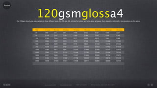 home




                                   120gsmglossa4
       Our 120gsm brochures are available in three different sizes (A4, A5 and A6), printed full colour and onto gloss art paper, then stapled or stitched in two positions on the spine.




                                 Qty            4 page      8 page       12 page        16 page         20 page        24 page         28 page         32 page
                                 25             £90         £77          £94            £109            £122           £157            £193            £227
                                 50             £105        £107         £135           £163            £194           £242            £292            £340
                                 100            £154        £164         £220           £277            £333           £413            £491            £569
                                 250            £284        £337         £475           £616            £758           £923            £1088           £1252
                                 500            £352        £437         £606           £776            £943           £1108           £1276           £1444
                                 750            £358        £550         £792           £1014           £1255          £1510           £1602           £1929
                                 1000           £363        £671         £992           £1255           £1568          £1835           £2147           £2415
                                 2000           £383        £759         £1125          £1426           £1780          £2086           £2438           £2745
                                 3000           £421        £850         £1258          £1597           £1992          £2335           £2728           £3075
                                 4000           £464        £942         £1392          £1768           £2204          £2586           £3018           £3405
                                 5000           £506        £1033        £1524          £1938           £2417          £2836           £3309           £3733




                                               www.rework.com        rework@mail.com        (987) 124-5678        98 East Street, New York, NY 12345
 