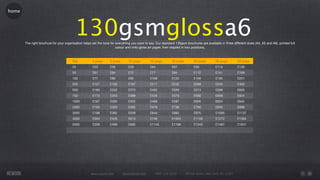 home




                                         130gsmglossa6
       The right brochure for your organisation helps set the tone for everything you want to say. Our standard 130gsm brochures are available in three different sizes (A4, A5 and A6), printed full
                                                                       colour and onto gloss art paper, then stapled in two positions.



                                        Qty           4 page      8 page       12 page         16 page        20 page        24 page         28 page         32 page
                                        25            £53         £56          £59             £64            £67            £90             £113            £136
                                        50            £61         £64          £72             £77            £84            £112            £141            £169
                                        100           £77         £80          £95             £109           £122           £158            £195            £231
                                        250           £127        £132         £197            £211           £232           £288            £345            £402
                                        500           £160        £242         £373            £402           £559           £574            £589            £605
                                        750           £173        £253         £399            £435           £573           £590            £606            £624
                                        1000          £187        £265         £422            £468           £587           £605            £624            £642
                                        2000          £193        £303         £465            £476           £738           £790            £840            £888
                                        3000          £198        £365         £539            £640           £892           £975            £1055           £1137
                                        4000          £204        £426         £613            £746           £1045          £1159           £1272           £1384
                                        5000          £209        £498         £685            £1145          £1198          £1343           £1487           £1631




                                                     www.rework.com        rework@mail.com        (987) 124-5678        98 East Street, New York, NY 12345
 