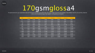 home




                                        170gsmglossa4
       The right brochure for your organisation helps set the tone for everything you want to say. Our luxury 170gsm brochures are available in three different sizes (A4, A5 and A6), printed full
                                                               colour and onto gloss art paper, then stapled in two positions on the spine.



                                       Qty           4 page      8 page       12 page        16 page         20 page        24 page         28 page         32 page
                                       25            £138        £149         £154           £169            £183           £218            £253            £287
                                       50            £165        £176         £196           £223            £254           £303            £352            £400
                                       100           £215        £224         £281           £338            £394           £473            £551            £629
                                       250           £344        £397         £536           £677            £818           £983            £1148           £1312
                                       500           £413        £497         £667           £836            £1003          £1168           £1337           £1505
                                       750           £424        £605         £858           £1067           £1206          £1529           £1760           £1935
                                       1000          £435        £732         £1053          £1316           £1628          £1895           £2208           £2475
                                       2000          £443        £820         £1186          £1486           £1840          £2146           £2498           £2805
                                       3000          £482        £911         £1319          £1658           £2053          £2396           £2789           £3135
                                       4000          £525        £1002        £1452          £1828           £2265          £2647           £3079           £3465
                                       5000          £567        £1093        £1584          £1999           £2477          £2896           £3369           £3794




                                                    www.rework.com        rework@mail.com        (987) 124-5678        98 East Street, New York, NY 12345
 