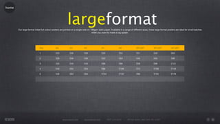 home




                                                          largeformat
       Our large format inkjet full colour posters are printed on a single side on 190gsm satin paper. Available in a range of different sizes, these large format posters are ideal for small batches
                                                                                    when you want to make a big splash.




                             Qty             A4             A3             A2                A1                A0                20"x30"           30"x40"            40"x60"

                             1               £23            £26            £26               £35               £52               £31               £40                £63

                             2               £29            £36            £36               £52               £63               £45               £63                £86

                             3               £35            £45            £45               £69               £86               £59               £86                £121

                             4               £40            £54            £54               £86               £109              £72               £109               £144

                             5               £46            £63            £63               £104              £132              £86               £132               £178




                                                     www.rework.com        rework@mail.com          (987) 124-5678      98 East Street, New York, NY 12345
 