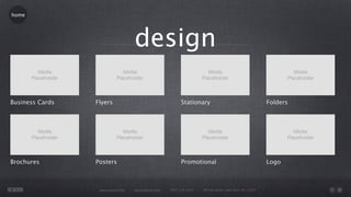 home




                                   design

Business Cards   Flyers                                    Stationary                                      Folders




Brochures        Posters                                   Promotional                                     Logo



                  www.rework.com   rework@mail.com   (987) 124-5678   98 East Street, New York, NY 12345
 