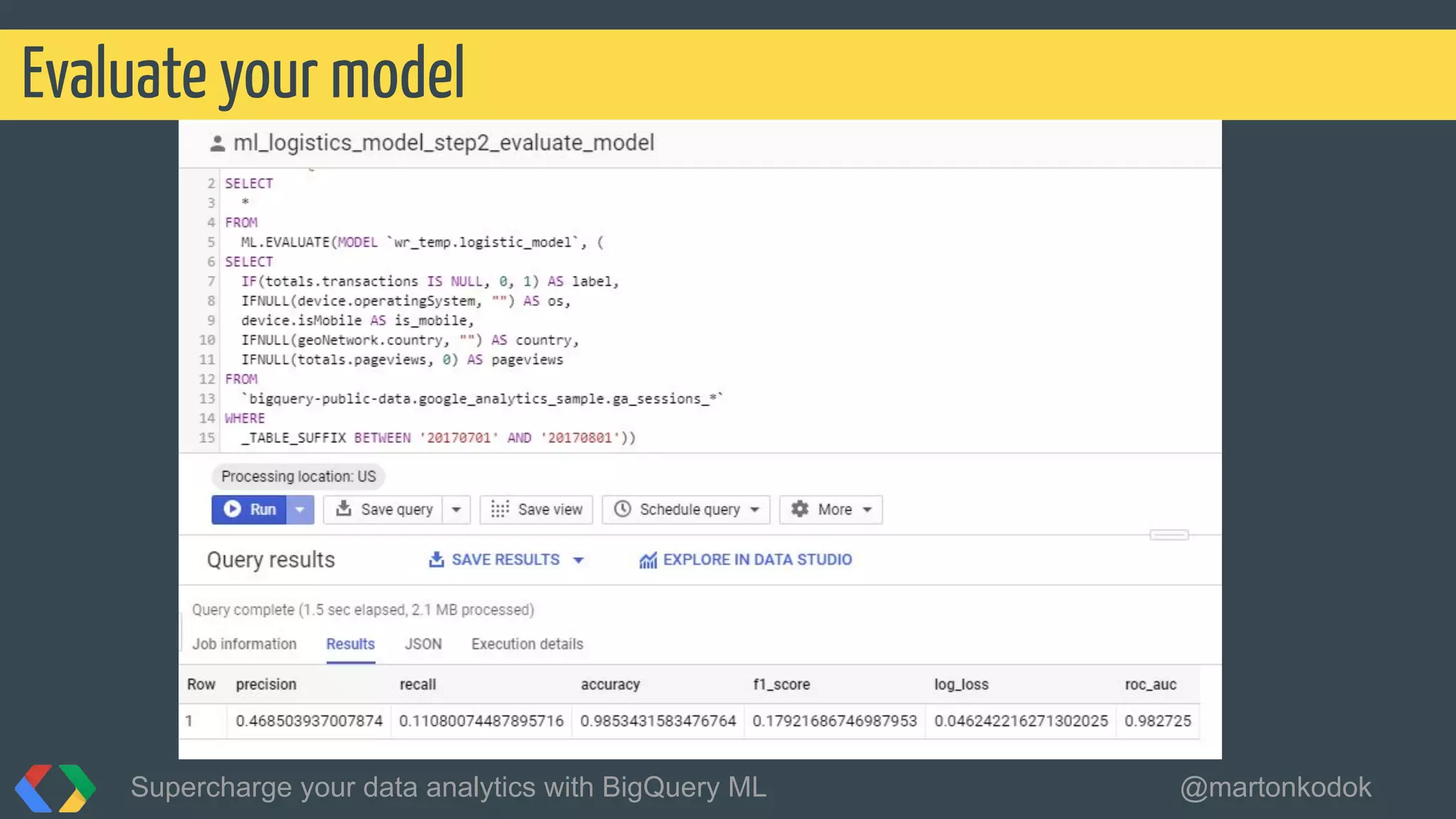 Evaluate your model
Supercharge your data analytics with BigQuery ML @martonkodok
 