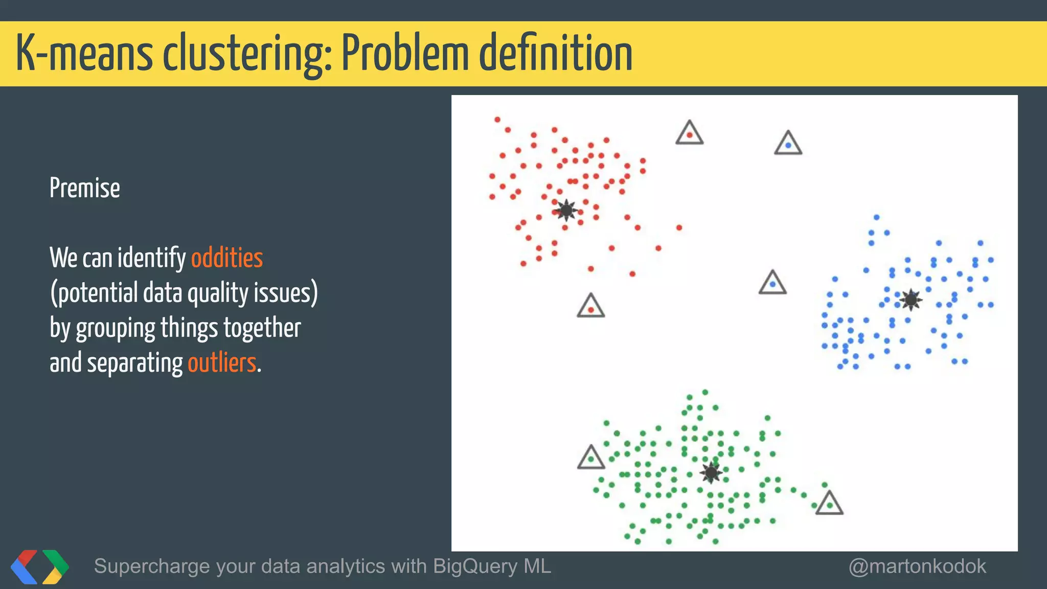 Premise
We can identify oddities
(potential data quality issues)
by grouping things together
and separating outliers.
K-means clustering: Problem deﬁnition
Supercharge your data analytics with BigQuery ML @martonkodok
 