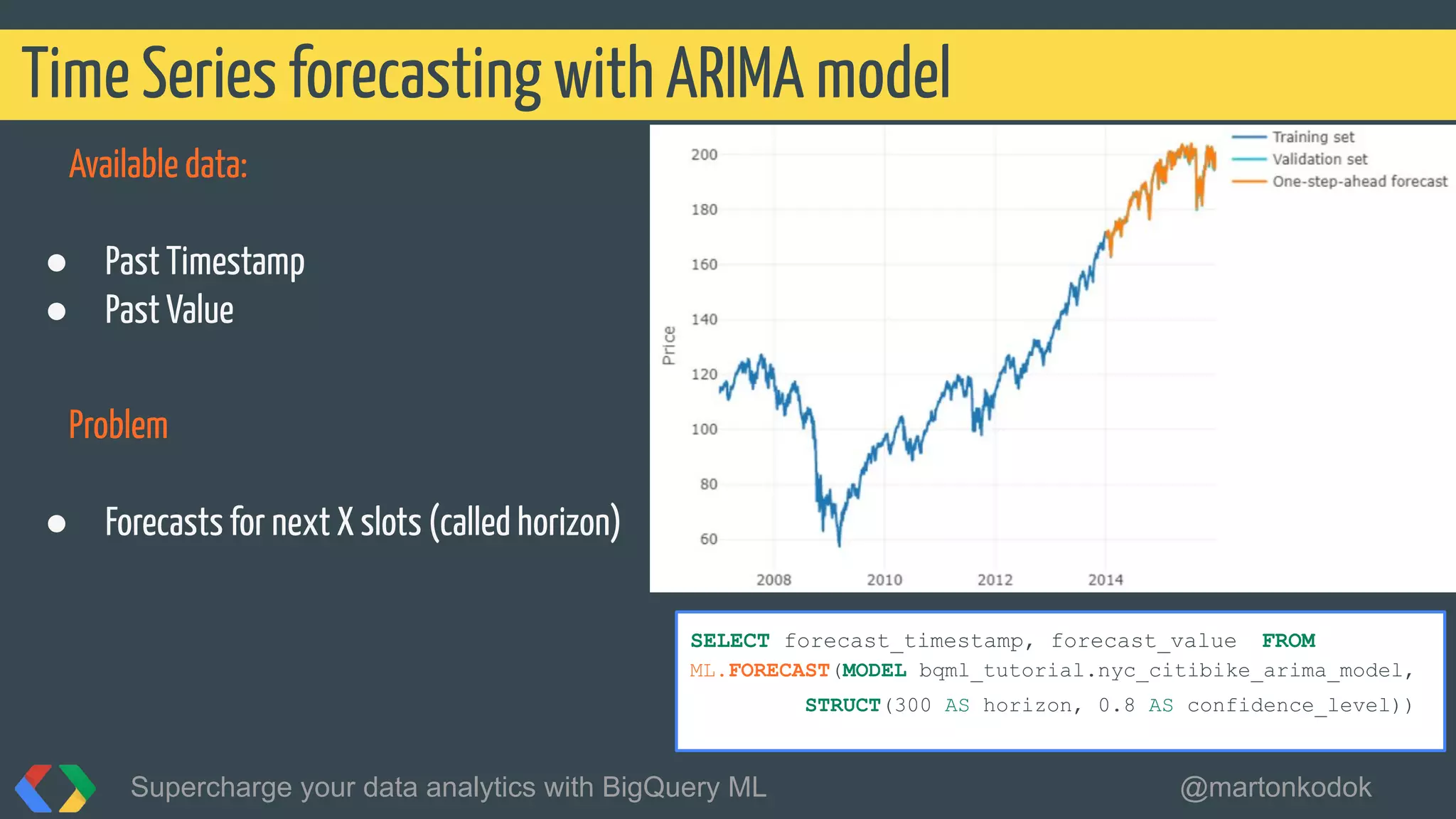 Available data:
● Past Timestamp
● Past Value
Problem
● Forecasts for next X slots (called horizon)
Time Series forecasting with ARIMA model
Supercharge your data analytics with BigQuery ML @martonkodok
SELECT forecast_timestamp, forecast_value FROM
ML.FORECAST(MODEL bqml_tutorial.nyc_citibike_arima_model,
STRUCT(300 AS horizon, 0.8 AS confidence_level))
 