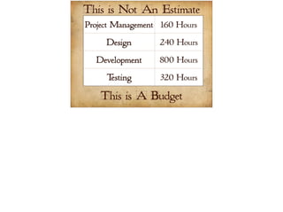 This is Not An Estimate 
Project Management 160 Hours 
Design 240 Hours 
Development 800 Hours 
Testing 320 Hours 
This is A Budget 
 