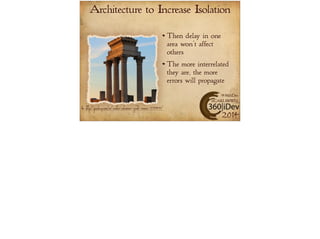 Architecture to Increase Isolation 
Then delay in one 
area won’t affect 
others 
The more interrelated 
they are, the more 
errors will propagate 
#360iDev 
@CARLBRWN 
Pic: http://pixabay.com/en/xanten-columnar-greek-roman-279944/ 2014 
 