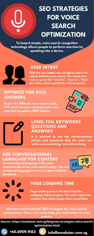 SEO STRATEGIES
FOR VOICE
SEARCH
OPTIMIZATION
OPTIMIZE FOR RICH
ANSWERS
LONG-TAIL KEYWORDS
QUESTIONS AND
ANSWERS
USE CONVERSATIONAL
LANGUAGE FOR CONTENT
PAGE LOADING TIME
We have mentioned the SEO strategies for voice search
optimization. These will surely help you rank better in voice
search.
Source: https://awebstar.com.sg/blog/seo-strategies-voice-search-
optimization.html
+65.6909.9163 info@awebstar.com.sg
To keep it simple, voice search recognition
technology allows people to perform searches by
speaking into a device.
USER INTENT
As per the SEMrush voice search study,
70% of all answers returned from voice
searches occupied a SERP feature.
It is advised to use the conversational
phrase and keywords that the users use
while communicating, not while talking.
Conversational language is the main
characteristic of the voice search query. The use
of natural language in every content would be
beneficial.
Page loading time is the time that the
webpage takes to open. The users reject the
website that takes longer than usual time
With the user intent, you can get to know the
reason behind every search. The words user
used to query like “what is”, “how-to”, “buy”
can define what exactly they like to search.
 