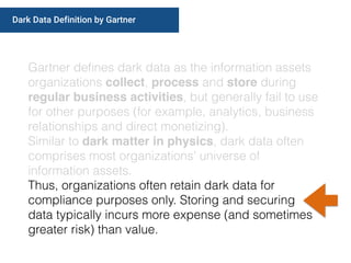 Gartner deﬁnes dark data as the information assets
organizations collect, process and store during
regular business activities, but generally fail to use
for other purposes (for example, analytics, business
relationships and direct monetizing).
Similar to dark matter in physics, dark data often
comprises most organizations’ universe of
information assets.
Thus, organizations often retain dark data for
compliance purposes only. Storing and securing
data typically incurs more expense (and sometimes
greater risk) than value.
Dark Data Definition by Gartner
 