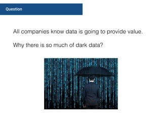 Question
All companies know data is going to provide value.
Why there is so much of dark data?
 