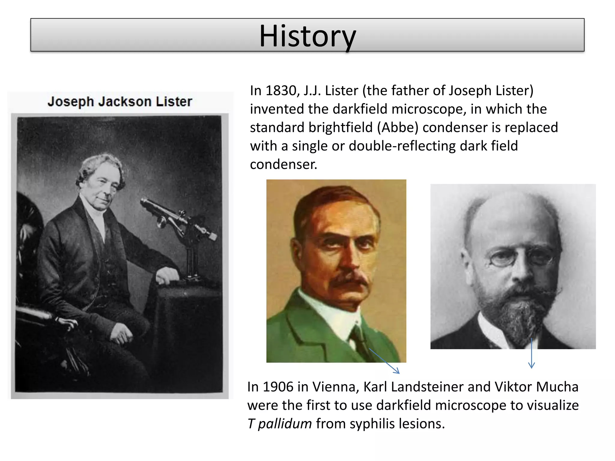 History
In 1906 in Vienna, Karl Landsteiner and Viktor Mucha
were the first to use darkfield microscope to visualize
T pallidum from syphilis lesions.
In 1830, J.J. Lister (the father of Joseph Lister)
invented the darkfield microscope, in which the
standard brightfield (Abbe) condenser is replaced
with a single or double-reflecting dark field
condenser.
 