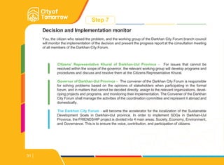 Decision and Implementation monitor
You, the citizen who raised the problem, and the working group of the Darkhan City Forum branch council
will monitor the implementation of the decision and present the progress report at the consultation meeting
of all members of the Darkhan City Forum.
Citizens’ Representative Khural of Darkhan-Uul Province – For issues that cannot be
resolved within the scope of the governor, the relevant working group will develop programs and
procedures and discuss and resolve them at the Citizens Representative Khural.
Governor of Darkhan-Uul Province – The convener of the Darkhan City Forum is responsible
for solving problems based on the opinions of stakeholders when participating in the formal
forum, and in matters that cannot be decided directly, assign to the relevant organizations, devel-
oping projects and programs, and monitoring their implementation. The Convener of the Darkhan
City Forum shall manage the activities of the coordination committee and represent it abroad and
domestically.
The Darkhan City Forum - will become the accelerator for the localization of the Sustainable
Development Goals in Darkhan-Uul province. In order to implement SDGs in Darkhan-Uul
Province, the FRIENDSHIP project is divided into 4 main areas: Society, Economy, Environment,
and Governance. This is to ensure the voice, contribution, and participation of citizens.
Step 7
31
 