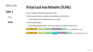 Who's who
Layer 2
LAGs
VLANs
Virtual Local Area Networks (VLANs)
Used to separate broadcast domains in LANs
VLAN transport...