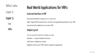 Who's who
Layer 2
Layer 3
PBR
VRFs
Real World Applications for VRFs
External interface in VRF
External interface is part o...
