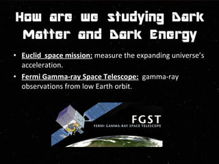 • EEuucclliidd ssppaaccee mmiissssiioonn:: measure the expanding universe’s 
acceleration. 
• FFeerrmmii GGaammmmaa--rraayy SSppaaccee TTeelleessccooppee:: gamma-ray 
observations from low Earth orbit. 
 