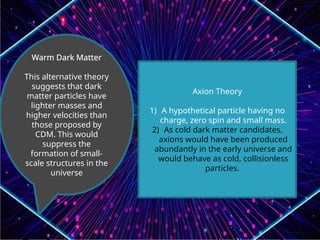 Warm Dark Matter
This alternative theory
suggests that dark
matter particles have
lighter masses and
higher velocities than
those proposed by
CDM. This would
suppress the
formation of small-
scale structures in the
universe
Axion Theory
1) A hypothetical particle having no
charge, zero spin and small mass.
2) As cold dark matter candidates,
axions would have been produced
abundantly in the early universe and
would behave as cold, collisionless
particles.
 