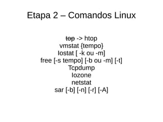Etapa 2 – Comandos Linux
top -> htop
vmstat {tempo}
Iostat [ -k ou -m]
free [-s tempo] [-b ou -m] [-t]
Tcpdump
Iozone
netstat
sar [-b] [-n] [-r] [-A]
 