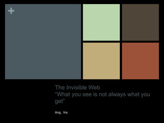 +

The Invisible Web
“What you see is not always what you
get”
Ang, Iris

 