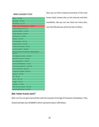 20
Here you can find a listed enumeration of the most
known black market sites on the internet and their
availability. Like you can see, there are many sites,
not only Silkroad was active but lots of others.
ARE THOSE PLACES SAFE?
Well, no! You can get scammed like with the example of the Age of Evolution marketplace. They
closed and kept over 40.000BTC which represents about 12M dollars.
 
