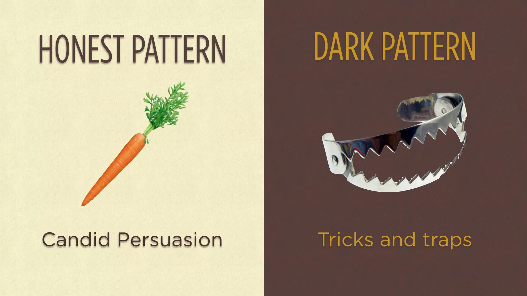 HONEST PATTERN      DARK PATTERN



Candid Persuasion   Tricks and traps
 