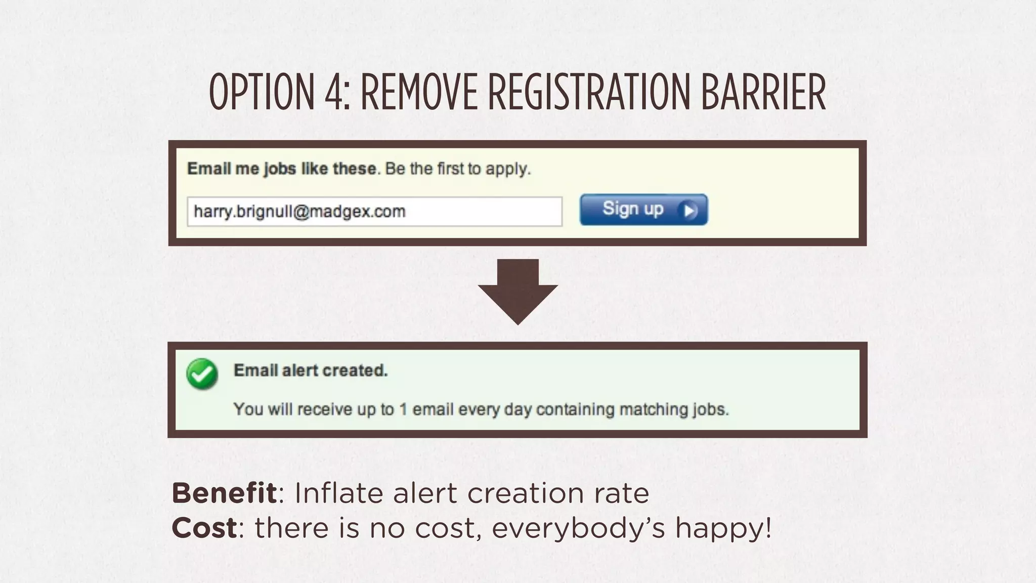OPTION 4: REMOVE REGISTRATION BARRIER




Beneﬁt: Inﬂate alert creation rate
Cost: there is no cost, everybody’s happy!
 
