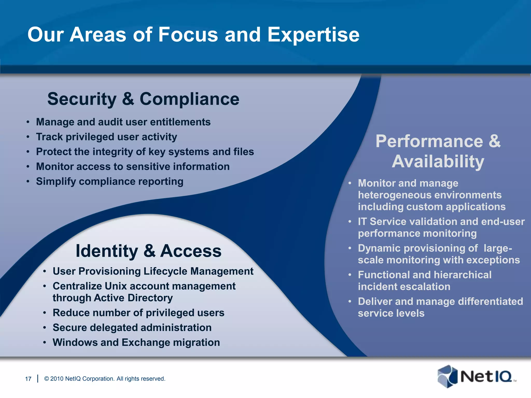 Monitor User and Resource Access“Out-of-date and/or excessive privileged and access control rights for users are viewed as having the most financial impact on organizations.”– IDC Insider Risk Management, August 2009“Authorized” users are a major threat to data:Theft, fraud and abuse remain significant problems.Accidental exposure or loss of data.Privileged users represent the greatest risk:Can insert malicious code just about anywhere.Have the ability to override system controls without detection.10