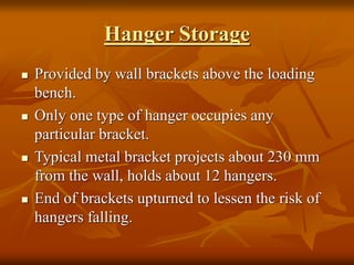 Hanger Storage
 Provided by wall brackets above the loading
bench.
 Only one type of hanger occupies any
particular bracket.
 Typical metal bracket projects about 230 mm
from the wall, holds about 12 hangers.
 End of brackets upturned to lessen the risk of
hangers falling.
 
