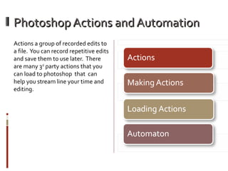 Photoshop Actions and Automation
Actions a group of recorded edits to
a file. You can record repetitive edits
and save them to use later. There
are many 3rd party actions that you
can load to photoshop that can
help you stream line your time and
editing.

 