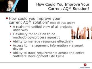 How Could You Improve Your
Current AQM Solution?
How could you improve your
current AQM solution? (tick all that apply)
A real-time unified view of all projects
underway
Flexibility for solution to be
methodology/process agnostic
Ability to manage resources effectively
Access to management information via smart
device
Ability to trace requirements across the entire
Software Development Life Cycle
 