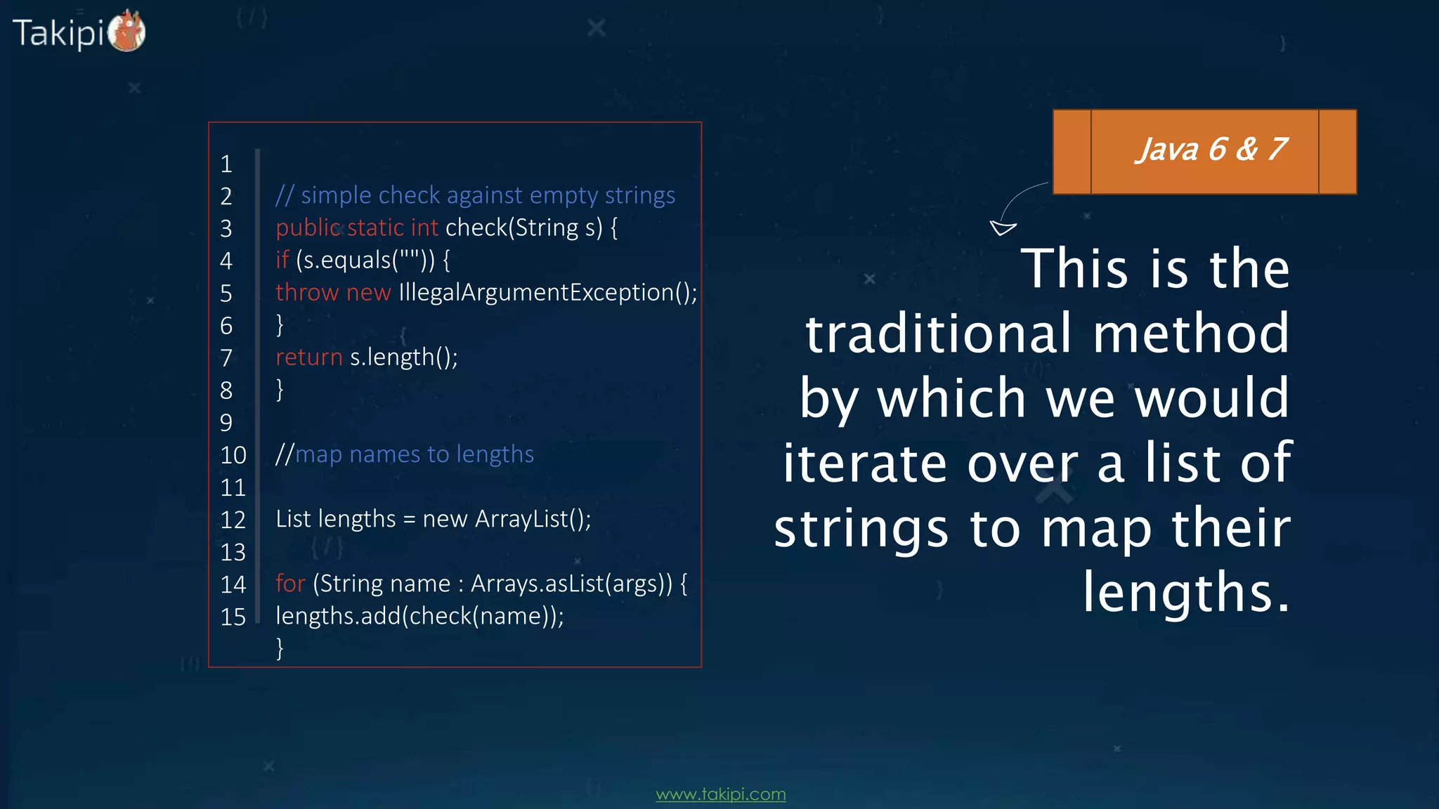 This is the
traditional method
by which we would
iterate over a list of
strings to map their
lengths.
// simple check against empty strings
public static int check(String s) {
if (s.equals("")) {
throw new IllegalArgumentException();
}
return s.length();
}
//map names to lengths
List lengths = new ArrayList();
for (String name : Arrays.asList(args)) {
lengths.add(check(name));
}
Java 6 & 71
2
3
4
5
6
7
8
9
10
11
12
13
14
15
www.takipi.com
 