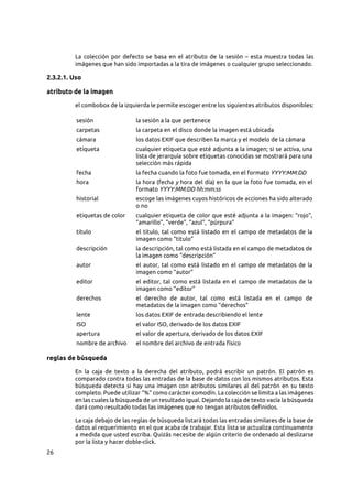 26
La colección por defecto se basa en el atributo de la sesión  – esta muestra todas las
imágenes que han sido importadas a la tira de imágenes o cualquier grupo seleccionado.
2.3.2.1. Uso
atributo de la imagen
el combobox de la izquierda le permite escoger entre los siguientes atributos disponibles:
sesión la sesión a la que pertenece
carpetas la carpeta en el disco donde la imagen está ubicada
cámara los datos EXIF que describen la marca y el modelo de la cámara
etiqueta cualquier etiqueta que esté adjunta a la imagen; si se activa, una
lista de jerarquía sobre etiquetas conocidas se mostrará para una
selección más rápida
fecha la fecha cuando la foto fue tomada, en el formato YYYY:MM:DD
hora la hora (fecha y hora del día) en la que la foto fue tomada, en el
formato YYYY:MM:DD hh:mm:ss
historial escoge las imágenes cuyos históricos de acciones ha sido alterado
o no
etiquetas de color cualquier etiqueta de color que esté adjunta a la imagen: “rojo”,
“amarillo”, “verde”, “azul”, “púrpura”
titulo el titulo, tal como está listado en el campo de metadatos de la
imagen como “titulo”
descripción la descripción, tal como está listada en el campo de metadatos de
la imagen como “descripción”
autor el autor, tal como está listado en el campo de metadatos de la
imagen como “autor”
editor el editor, tal como está listada en el campo de metadatos de la
imagen como “editor”
derechos el derecho de autor, tal como está listada en el campo de
metadatos de la imagen como “derechos”
lente los datos EXIF de entrada describiendo el lente
ISO el valor ISO, derivado de los datos EXIF
apertura el valor de apertura, derivado de los datos EXIF
nombre de archivo el nombre del archivo de entrada físico
reglas de búsqueda
En la caja de texto a la derecha del atributo, podrá escribir un patrón. El patrón es
comparado contra todas las entradas de la base de datos con los mismos atributos. Esta
búsqueda detecta si hay una imagen con atributos similares al del patrón en su texto
completo. Puede utilizar “%” como carácter comodín. La colección se limita a las imágenes
en las cuales la búsqueda de un resultado igual. Dejando la caja de texto vacía la búsqueda
dará como resultado todas las imágenes que no tengan atributos definidos.
La caja debajo de las reglas de búsqueda listará todas las entradas similares de la base de
datos al requerimiento en el que acaba de trabajar. Esta lista se actualiza continuamente
a medida que usted escriba. Quizás necesite de algún criterio de ordenado al deslizarse
por la lista y hacer doble-click.
 