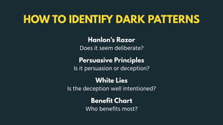 HOW TO IDENTIFY DARK PATTERNS
Hanlon’s Razor
Does it seem deliberate?
Persuasive Principles
Is it persuasion or deception?...