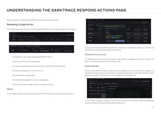 193
UNDERSTANDING THE DARKTRACE RESPOND ACTIONS PAGE
Now, a single active Darktrace RESPOND action will be focused upon.
Reviewing a Single Action
From left to right, each entry on the Darktrace RESPOND Actions page contains the following:
• A device/IP or user under Darktrace RESPOND control
• A summary of the action taking place
• An option to review the history of the action (creation/activation/expiry)
• The start and expiration time of the action.
• The action status, if applicable.
• The model that triggered the action, if applicable.
• Controls to extend, activate, reactive or clear the action.
Device
In the Threat Visualizer, hovering over the name of the device or userwill show a summary.
Clicking the name will center the visualizer on the device. Clicking the name of a user from the
Platform Accounts Console will open their profile.
IP (Network actions only)
For Network devices, the IP of the device is also listed as a separate column for context. This
field is not interactive and is for information only.
Action Summary
The summary states the type of action and the conditions, such as the IP or port involved. For
example, blocking outgoing connections to a specific external IPon port 443, invoking a block
through a firewall or blocking a user from logging in from a specific IP.
In the Threat Visualizer, clicking on the action summary for Darktrace RESPOND/Network
actions will open an event log of blocked connections.
 