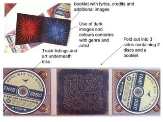 booklet with lyrics, credits and
                additional images


                     Use of dark
                     images and
                     colours connotes
                     with genre and       Fold out into 3
                     artist               sides containing 2
Track listings and                        discs and a
art underneath                            booklet
disc
 