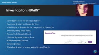 Investigation HUMINT
D3PAK KUMAR (D3)
DIGITAL FORENSICS | CYBER INTELLIGENCE
•Tor hidden service has an associated SSL
•Searching Shodan for Hidden Services
•Checking an IP Address for Tor Usage such as ExoneraTor
•Directory listing (mod status)
•Source Code Website (.Conf)
•Verbose Signature (tokens), Error
•Badly configured services
•Reverse Domain
•Metadata Analysis of Image, Video, Keyword Search
• …
DarkWeb Forensics : Overview
 