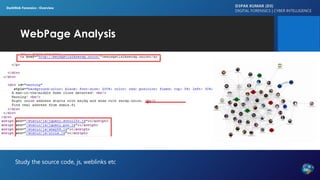 WebPage Analysis
D3PAK KUMAR (D3)
DIGITAL FORENSICS | CYBER INTELLIGENCE
DarkWeb Forensics : Overview
Study the source code, js, weblinks etc
 