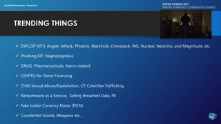 TRENDING THINGS
D3PAK KUMAR (D3)
DIGITAL FORENSICS | CYBER INTELLIGENCE
✓ EXPLOIT KITS: Angler, MPack, Phoenix, Blackhole, Crimepack, RIG, Nuclear, Neutrino, and Magnitude, etc
✓ Phishing KIT: Mephistophilus
✓ DRUG, Pharmaceuticals, Narco related
✓ CRYPTO for Terror Financing
✓ Child Sexual Abuse/Exploitation, CP, CyberSex Trafficking
✓ Ransomware as a Service, Selling Breached Data, PII
✓ Fake Indian Currency Notes (FICN)
✓ Counterfeit Goods, Weapons etc….
DarkWeb Forensics : Overview
 