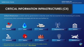CRITICAL INFORMATION INFRASTRUCTURES (CII)
EDUCATION WATER DEFENCE TELECOMMUNICATION FINANCIAL
GOVERNMENT HOSPITAL INDUSTRY ENERGY TRANSPORTATION
Critical infrastructure is a term used by governments to describe assets that are essential for the functioning of a society
and economy. Most commonly associated with the term are facilities for:
• Amateurs hack systems, professionals hack people. — Bruce Schneier
• Don’t assume that you’re not a target. Draw up battle plans. Learn from the mistakes of others
D3PAK KUMAR (D3)
DIGITAL FORENSICS | CYBER INTELLIGENCE
DarkWeb Forensics : Overview
 