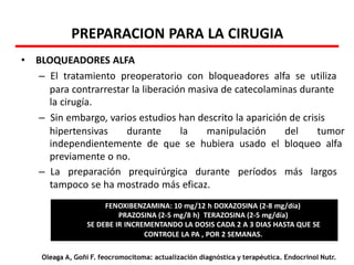 PREPARACION PARA LA CIRUGIA
• BLOQUEADORES ALFA
– El tratamiento preoperatorio con bloqueadores alfa se utiliza
para contrarrestar la liberación masiva de catecolaminas durante
la cirugía.
– Sin embargo, varios estudios han descrito la aparición de crisis
hipertensivas durante la manipulación del tumor
independientemente de que se hubiera usado el bloqueo alfa
previamente o no.
– La preparación prequirúrgica durante períodos más largos
tampoco se ha mostrado más eficaz.
FENOXIBENZAMINA: 10 mg/12 h DOXAZOSINA (2-8 mg/día)
PRAZOSINA (2-5 mg/8 h) TERAZOSINA (2-5 mg/día)
SE DEBE IR INCREMENTANDO LA DOSIS CADA 2 A 3 DIAS HASTA QUE SE
CONTROLE LA PA , POR 2 SEMANAS.
Oleaga A, Goñi F. feocromocitoma: actualización diagnóstica y terapéutica. Endocrinol Nutr.
 