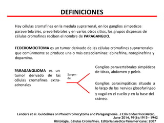PARAGANGLIOMA es un
tumor derivado de las
células cromafines extra-
adrenales
Ganglios paravertebrales simpáticos
de tórax, abdomen y pelvis
Ganglios parasimpáticos situado a
lo largo de los nervios glosofaríngeo
Surgen
de
y vagal en el cuello y en la base del
cráneo.
Lenders et al. Guidelines on Pheochromocytoma and Paraganglioma. J Clin Endocrinol Metab,
June 2014, 99(6):1915 – 1942
Histologia. Células Cromafines. Editorial Medica Panamericana: 2007
DEFINICIONES
Hay células cromafines en la medula suprarrenal, en los ganglios simpaticos
paravertebrales, prevertebrales y en varios otros sitios, los grupos dispersos de
células cromafines reciben el nombre de PARAGANGLIO.
FEOCROMOCITOMA es un tumor derivado de las células cromafines suprarrenales
que comúnmente se produce una o más catecolaminas: epinefrina, norepinefrina y
dopamina.
 