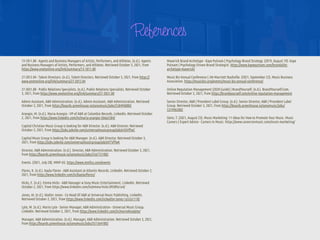 References
13-1011.00 - Agents and Business Managers of Artists, Performers, and Athletes. (n.d.). Agents
and Business Managers of Artists, Performers, and Athletes. Retrieved October 3, 2021, from
https://www.onetonline.org/link/summary/13-1011.00


27-2012.04 - Talent Directors. (n.d.). Talent Directors. Retrieved October 3, 2021, from https://
www.onetonline.org/link/summary/27-2012.04


27-3031.00 - Public Relations Specialists. (n.d.). Public Relations Specialists. Retrieved October
3, 2021, from https://www.onetonline.org/link/summary/27-3031.00


Admin Assistant, A&R Administration. (n.d.). Admin Assistant, A&R Administration. Retrieved
October 3, 2021, from https://boards.greenhouse.io/sonymusic/jobs/5584948002


Arangio, M. (n.d.). Maria Arangio - VP of A&R at Columbia Records. LinkedIn. Retrieved October
2, 2021, from https://www.linkedin.com/in/maria-arangio-5b6a5584/


Capitol Christian Music Group is looking for A&R Director. (n.d.). A&R Director. Retrieved
October 3, 2021, from https://jobs.jobvite.com/universalmusicgroup/job/o5DV
ff
wC


Capitol Music Group is looking for A&R Manager. (n.d.). A&R Director. Retrieved October 3,
2021, from https://jobs.jobvite.com/universalmusicgroup/job/oXTV
ff
wK


Director, A&R Administration. (n.d.). Director, A&R Administration. Retrieved October 3, 2021,
from https://boards.greenhouse.io/sonymusic/jobs/5567721002


Events. (2021, July 28). MMF-US. https://www.mmfus.com/events


Flores, K. (n.d.). Kayla Flores - A&R Assistant at Atlantic Records. LinkedIn. Retrieved October 2,
2021, from https://www.linkedin.com/in/kaylav
fl
ores/


Hicks, E. (n.d.). Emma Hicks - A&R Manager w Sony Music Entertainment. LinkedIn. Retrieved
October 2, 2021, from https://www.linkedin.com/in/emma-hicks-09389a1a4/


Jones, W. (n.d.). Walter Jones - Co Head Of A&R at Universal Music Publishing. LinkedIn.
Retrieved October 2, 2021, from https://www.linkedin.com/in/walter-jones-1a52a1118/


Lyte, M. (n.d.). Mario Lyte - Senior Manager, A&R Administration - Universal Music Group.
LinkedIn. Retrieved October 2, 2021, from https://www.linkedin.com/in/mariokinglyte/


Manager, A&R Administration. (n.d.). Manager, A&R Administration. Retrieved October 3, 2021,
from https://boards.greenhouse.io/sonymusic/jobs/5513641002


Maverick Brand Archetype - Kaye Putnam | Psychology Brand Strategy. (2019, August 19). Kaye
Putnam | Psychology Driven Brand Strategist. https://www.kayeputnam.com/brandality-
archetype-maverick/


Music Biz Annual Conference | JW Marriott Nashville. (2021, September 22). Music Business
Association. https://musicbiz.org/events/music-biz-annual-conference/


Online Reputation Management (2020 Guide) | BrandYourself. (n.d.). BrandYourself.Com.
Retrieved October 3, 2021, from https://brandyourself.com/online-reputation-management


Senior Director, A&R / Provident Label Group. (n.d.). Senior Director, A&R / Provident Label
Group. Retrieved October 3, 2021, from https://boards.greenhouse.io/sonymusic/jobs/
5374965002


Stein, T. (2021, August 23). Music Marketing: 11 Ideas for How to Promote Your Music. Music
Careers | Expert Advice - Careers In Music. https://www.careersinmusic.com/music-marketing/


 