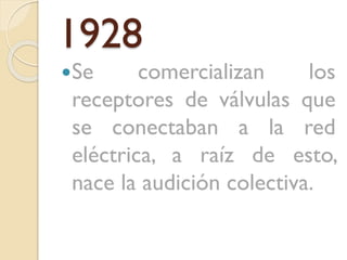 1928
Se

comercializan
los
receptores de válvulas que
se conectaban a la red
eléctrica, a raíz de esto,
nace la audición colectiva.

 
