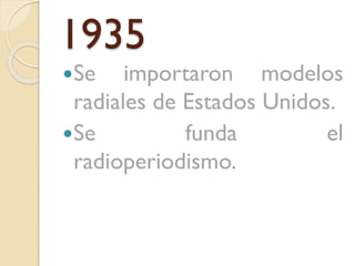 1935
Se

importaron modelos
radiales de Estados Unidos.
Se
funda
el
radioperiodismo.

 