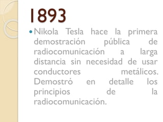 1893
 Nikola

Tesla hace la primera
demostración
pública
de
radiocomunicación
a
larga
distancia sin necesidad de usar
conductores
metálicos.
Demostró en detalle los
principios
de
la
radiocomunicación.

 