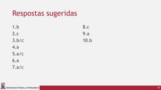 UNIVERSIDADE FEDERAL DE PERNAMBUCO
Respostas sugeridas
1.b
2.c
3.b/c
4.a
5.a/c
6.a
7.a/c
60
8.c
9.a
10.b
 