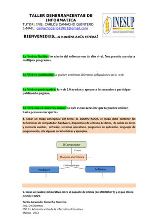 TALLER DEHERRAMIENTAS DE
INFORMATICA
TUTOR: ING. CARLOS CAMACHO QUINTERO
E-MAIL: camachocarlos1981@gmail.com
BIENVENID@S…a nuestra aula virtual
Carlos Alexander Camacho Quintero
ING. De Sistemas
ESP. En Administración de la Informática Educativa
Mocoa - 2012
La Web es flexible: los niveles del software son de alto nivel. Nos permite acceder a
múltiples programas.
La Web es combinable:se pueden combinar diferentes aplicaciones en la web.
La Web es participativa: la web 2.0 ayudan y apoyan a los usuarios a participar
publicando paginas.
La Web está en nuestras manos: la web es tan accesible que la pueden utilizar
hasta personas inexpertas.
4. Crear un mapa conceptual del tema: EL COMPUTADOR, el mapa debe contener las
definiciones de computador, hardware, dispositivos de entrada de datos, de salida de datos
y memoria auxiliar, software, sistemas operativos, programas de aplicación, lenguajes de
programación, cite algunas características y ejemplos.
5. Crear un cuadro comparativo entre el paquete de oficina (de MICROSOFT) y el que ofrece
GOOGLE DOCS
El Computador
Maquina electrónica
Es una
Hardware Software
Conformada por
 
