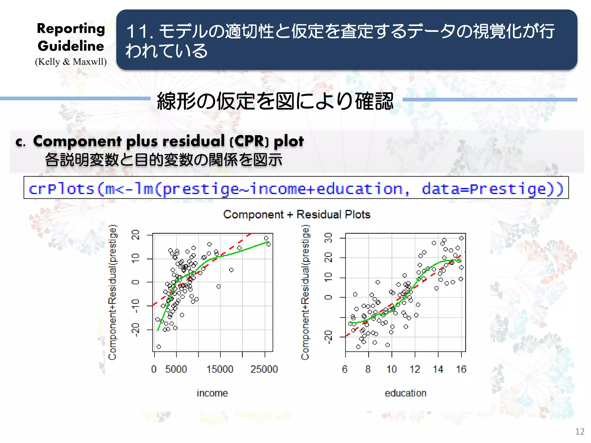 Reporting          11. モデルの適切性と仮定を査定するデータの視覚化が行
  Guideline          われている
  (Kelly & Maxwll)



                       線形の仮定を図により確認
c. Component plus residual (CPR) plot
    各説明変数と目的変数の関係を図示




                                                    12
 
